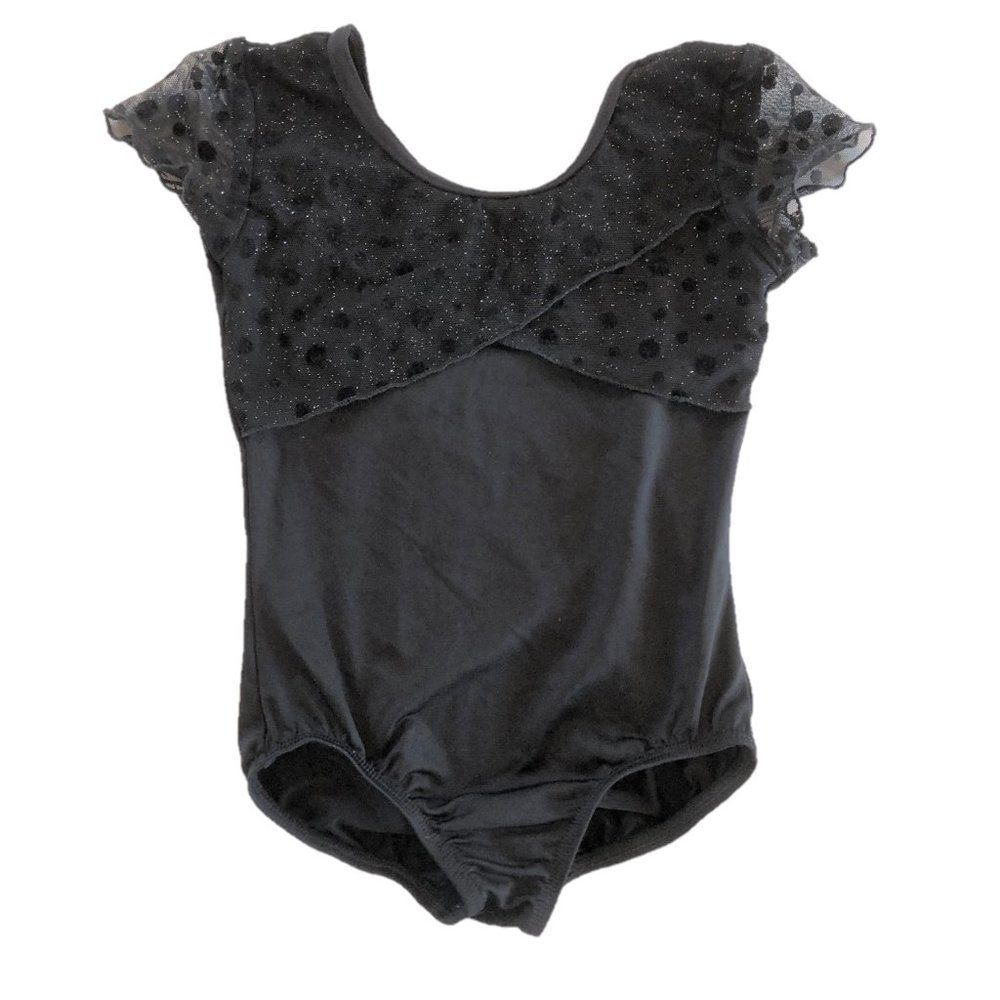 Black Leotard with Shimmery Polka Dot Mesh Ruffles and Flutter Sleeves